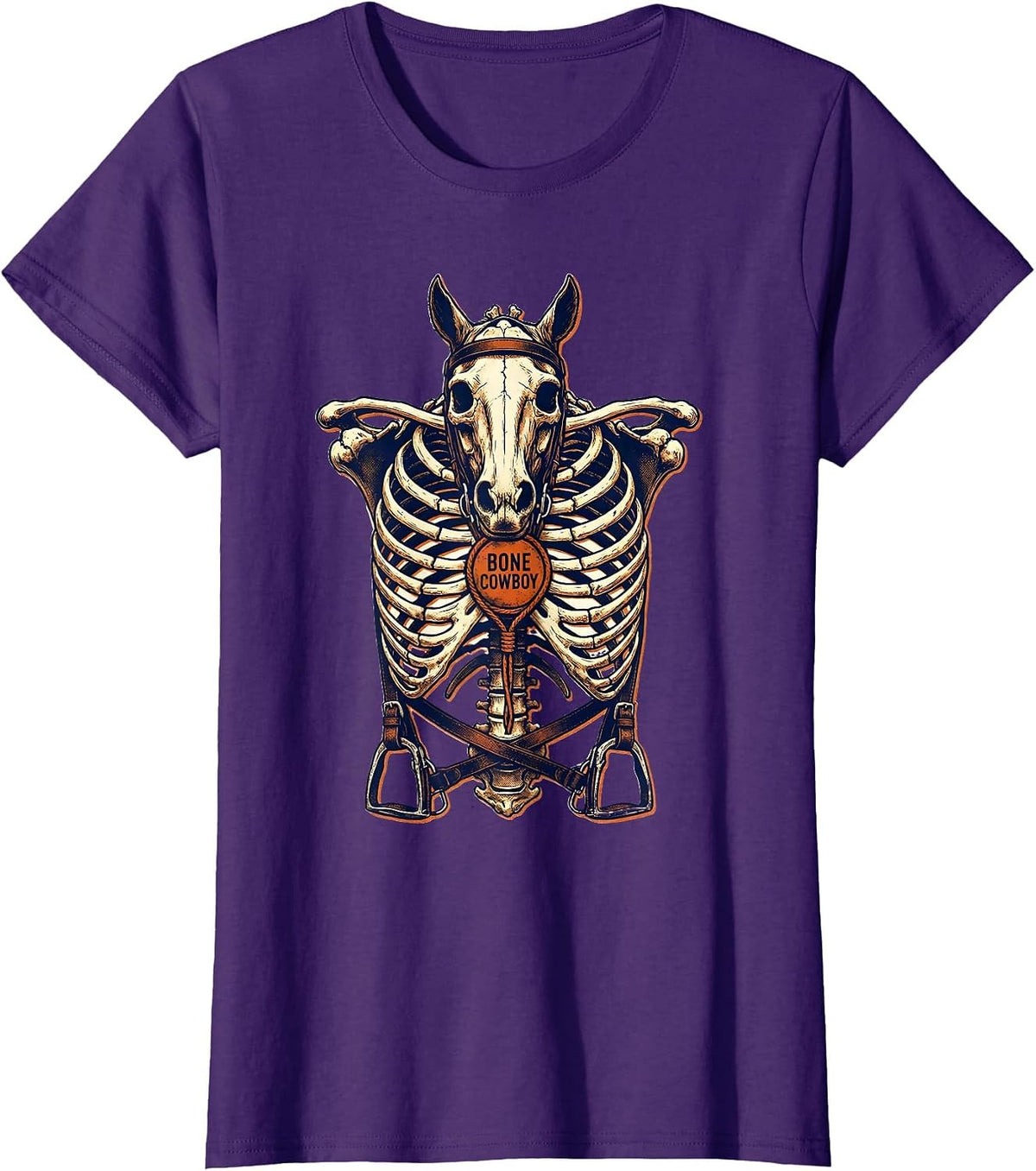 Women's Bone Cowboy Risograph Skeleton Horse Equestrian Halloween T-Shirt - Purple