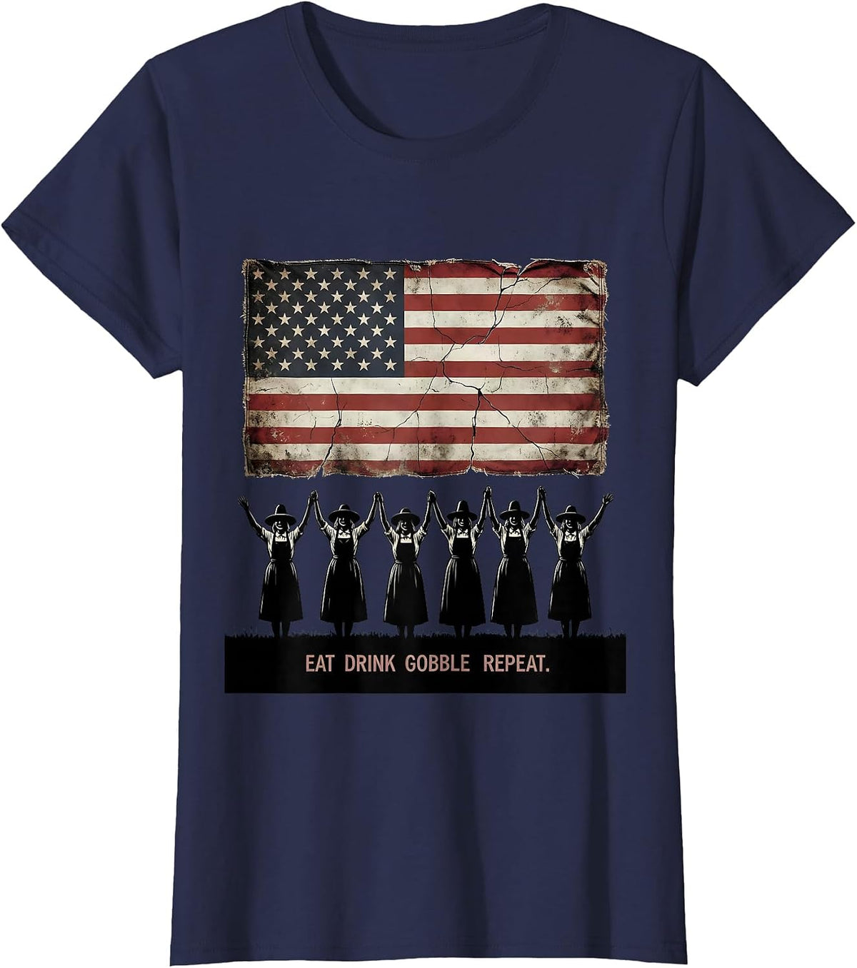 Women's Eat Drink Gobble Repeat Thanksgiving Design T-Shirt - Navy Blue