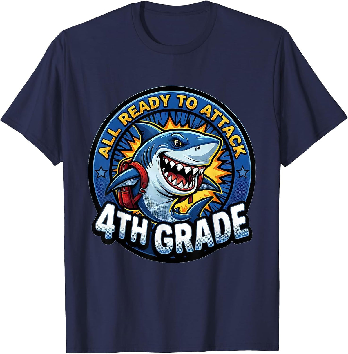 Men's All Ready To Attack 4th Grade Comic Book Shark Boys First T-Shirt - Navy Blue