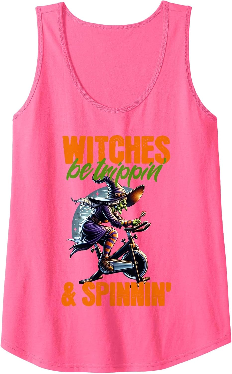 Witches Be Trippin' & Spinnin' Halloween Spin Class Tank Top - Neon Pink
