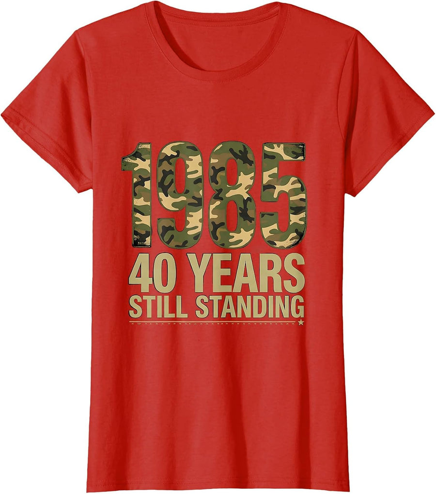 Women's 1985 · 40 Years Still Standing Vintage Camo Flag Milestone T-Shirt - Red