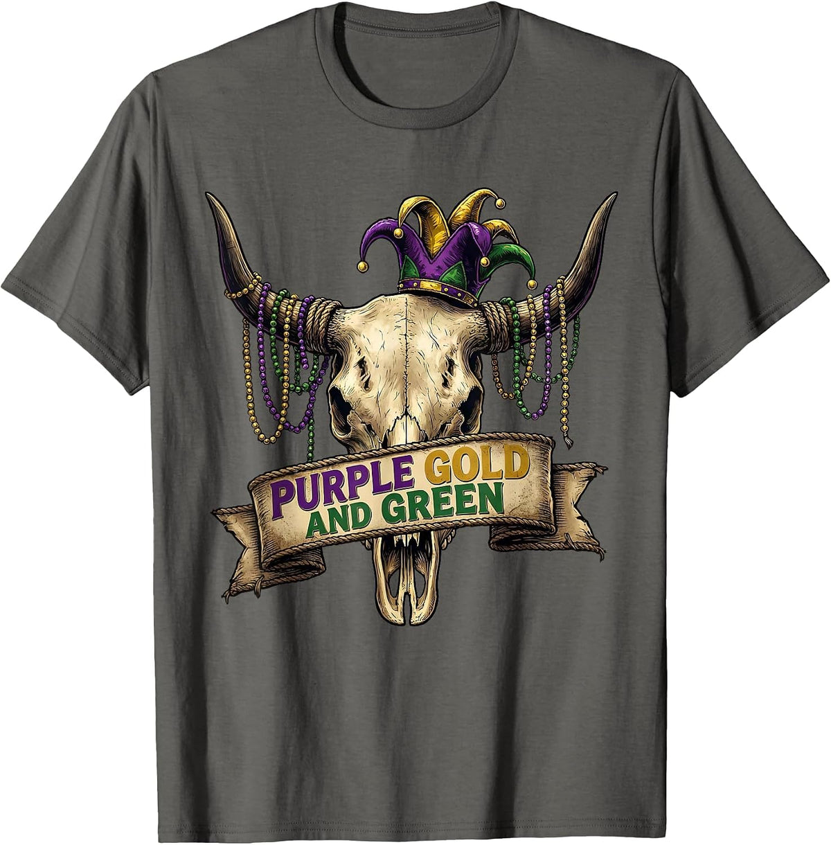 Purple Gold and Green Mardi Gras Celebration Design T-Shirt - Asphalt Grey