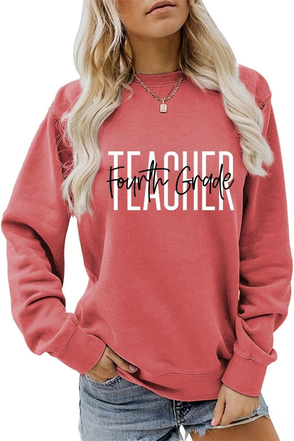 Retro Fourth Grade Teacher Sweatshirt for Women Crewneck Pullvoer Sweater 4th Grade Long Sleeve Shirts Fall Tops - Red
