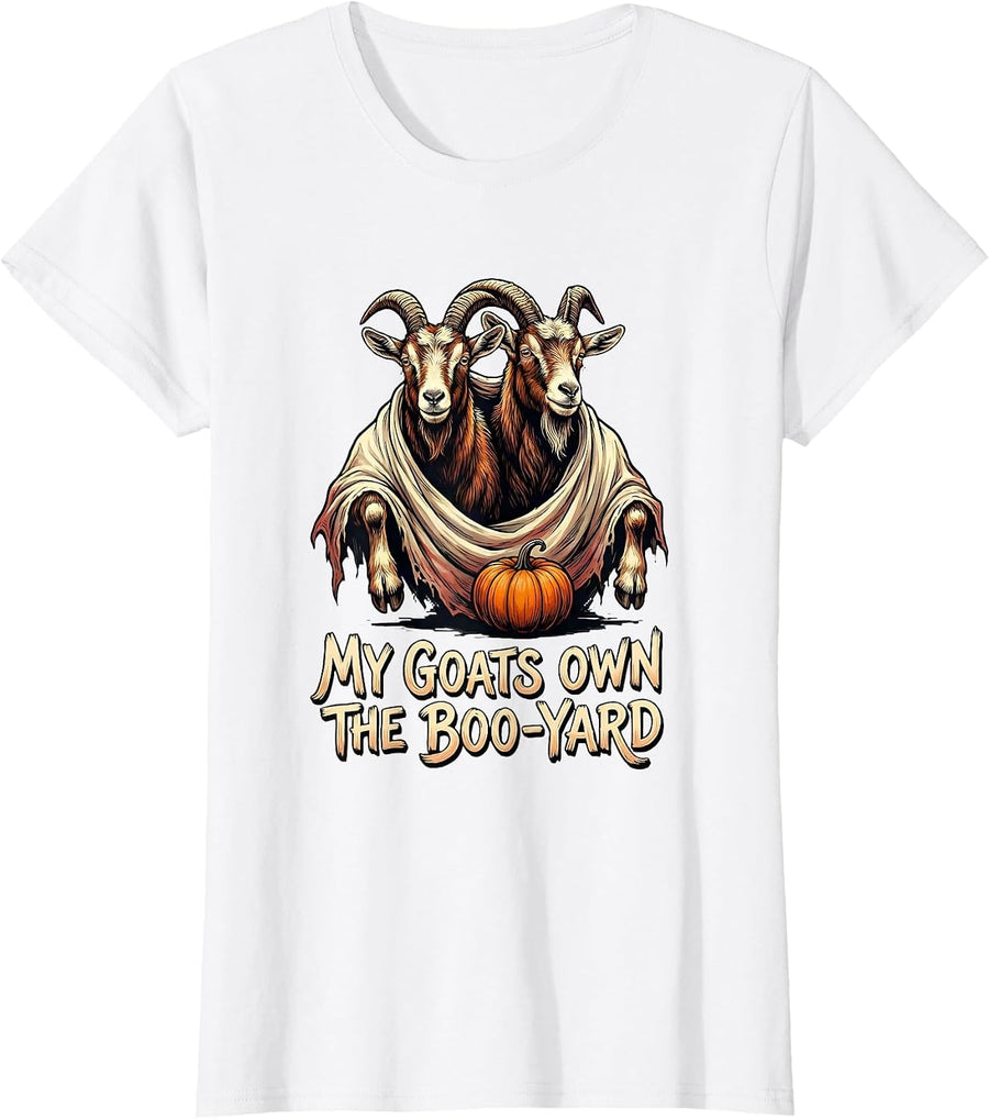 Women's My Goats Own The Boo-yard Funny Goat Lover Halloween Spooky T-Shirt - White