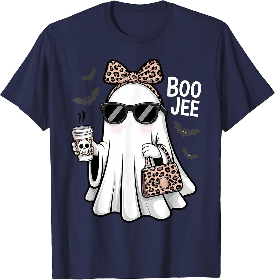 Halloween Boujee Ghost Coquette Leopard Ghost Coffee Boo-JEE T-Shirt - Navy Blue
