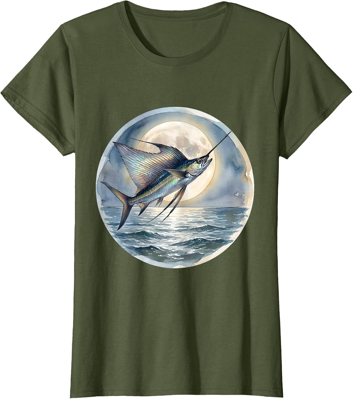 Women's Flying Fish Moonlit Gulf of Mexico Illustration T-Shirt - Olive Green