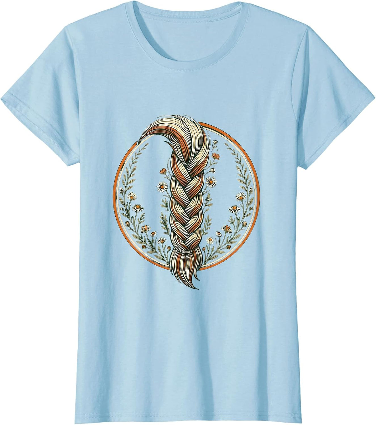 Braided Horse Tail Wildflowers Floral Illustration T-Shirt - Baby Blue