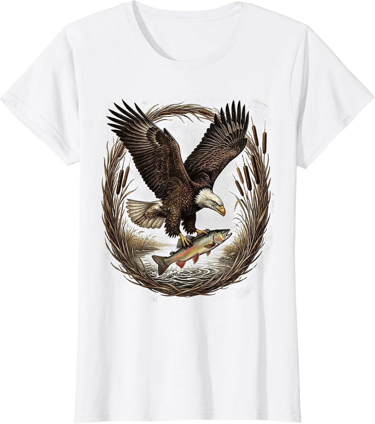 Eagle Diving for Trout Fishing Graphic T-Shirt - White