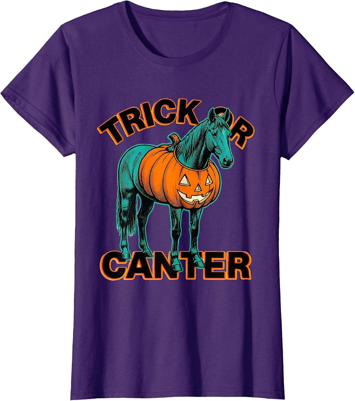 Women's Trick or Canter Risograph Halloween Horse Lover Equestrian T-Shirt - Purple