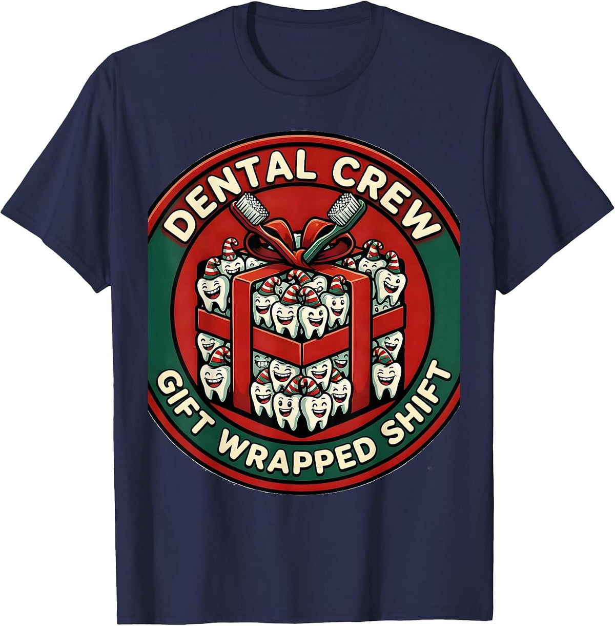 Men's Dental Crew Gift Wrapped Shift Cartoon Dental Team Holiday T-Shirt - Navy Blue