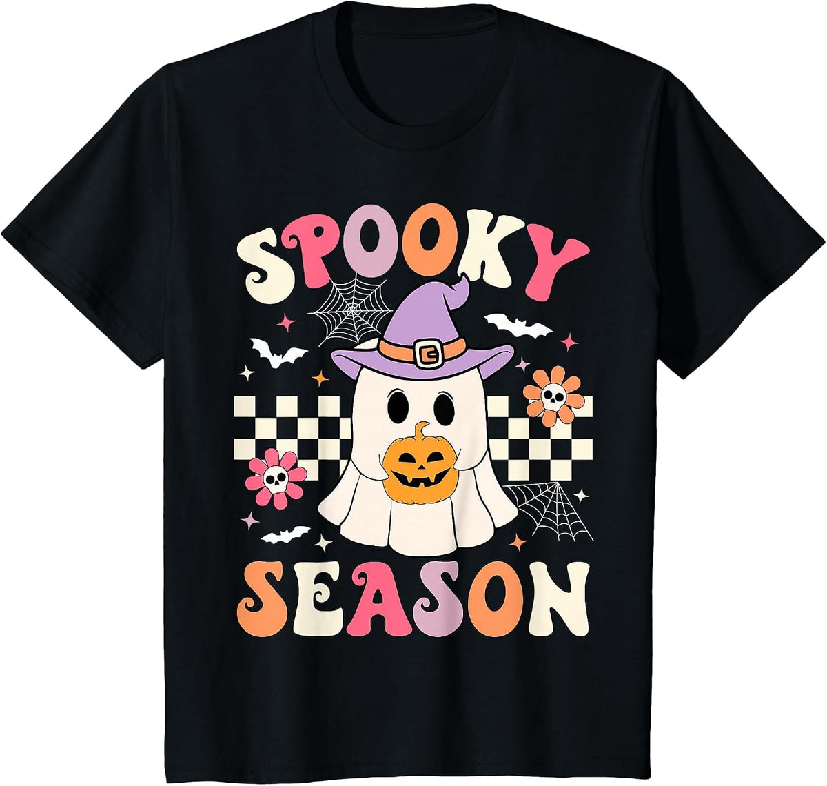 Groovy Spooky Season Retro Ghost Holding Pumpkin Halloween T-Shirt - Black