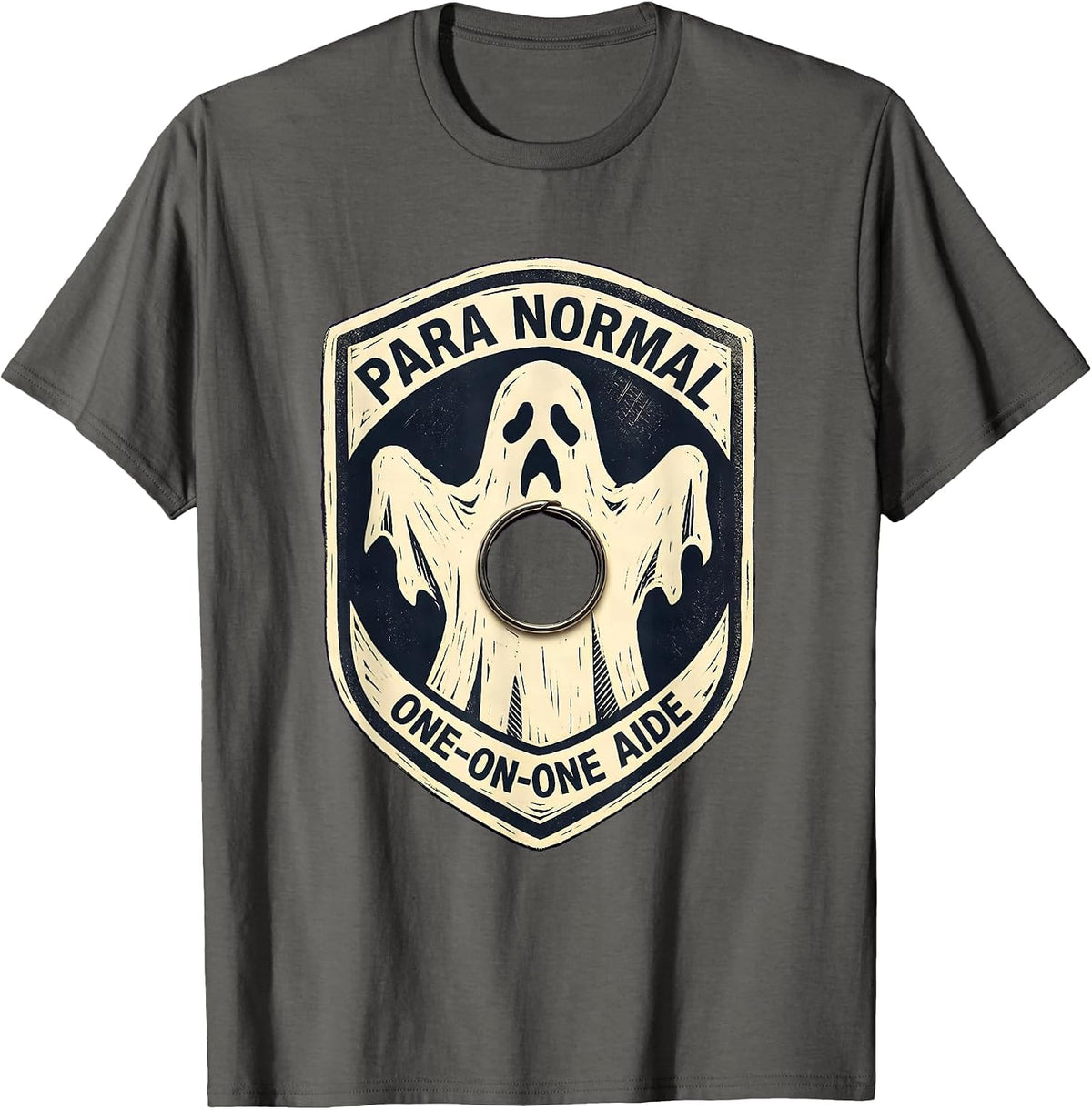 Men's Para Normal One-on-One Aide Linocut Ghost Para Teacher Aide T-Shirt - Asphalt Grey
