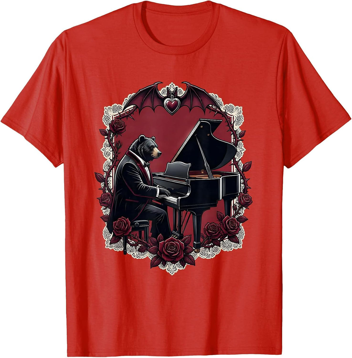 Men's Bear in Tuxedo at Grand Piano Illustration T-Shirt - Red