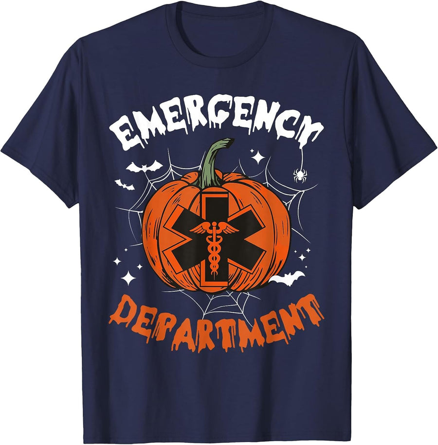 Cute Emergency Department Spooky Season Pumpkin Halloween T-Shirt - Navy Blue