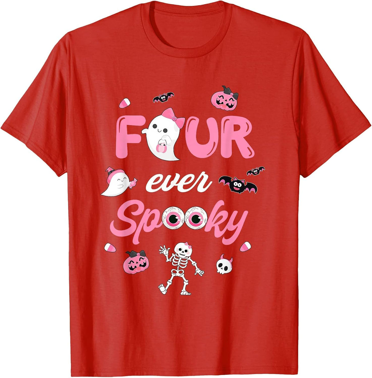 Four Ever Spooky Halloween Ghost 4th Birthday Girl Bow Ghost T-Shirt - Red