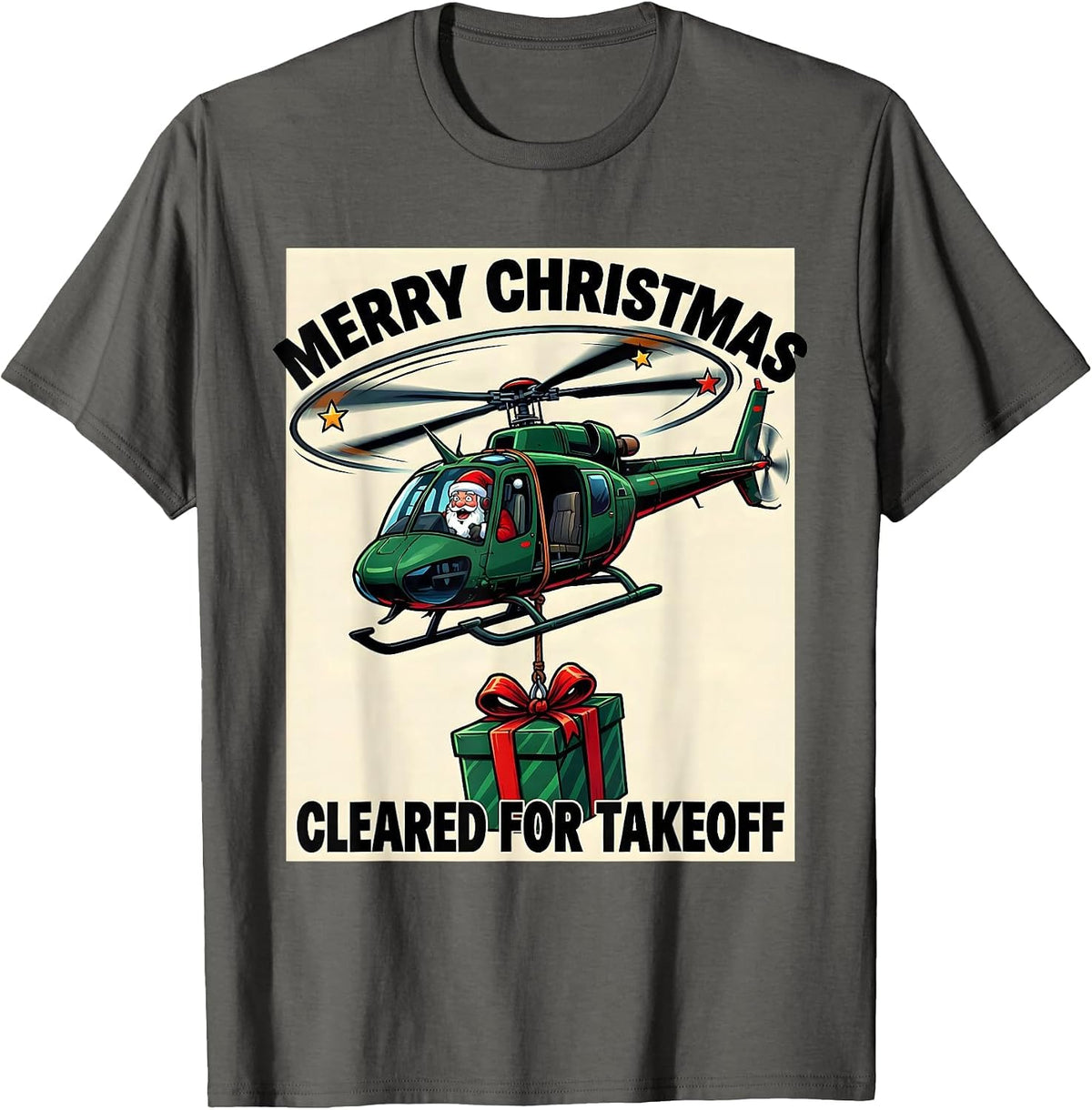 Merry Christmas Cleared For Takeoff Cartoon Pilot Aviation T-Shirt - Asphalt Grey