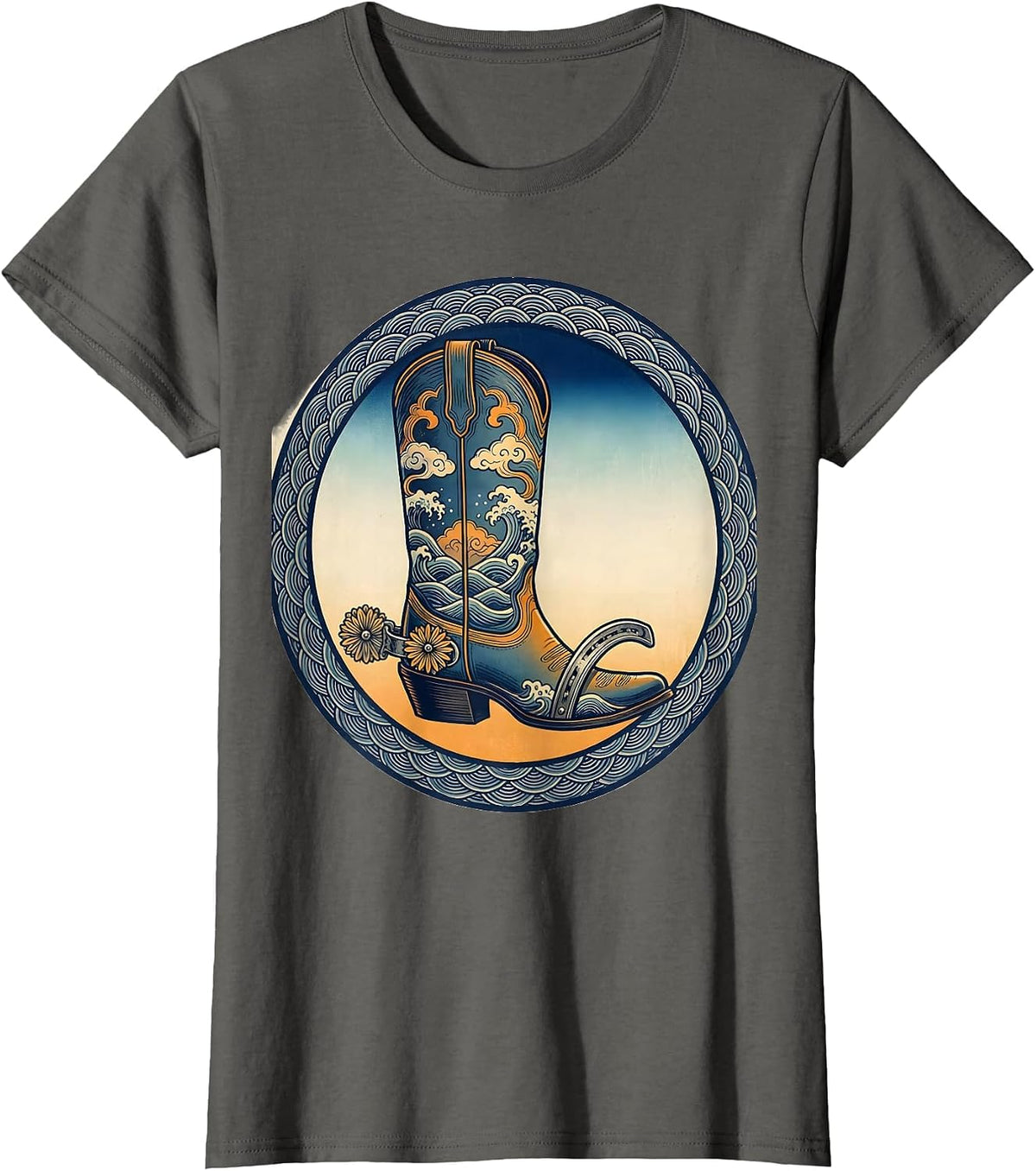 Women's Cowboy Boot Horseshoe and Spurs Western Graphic T-Shirt - Asphalt Grey