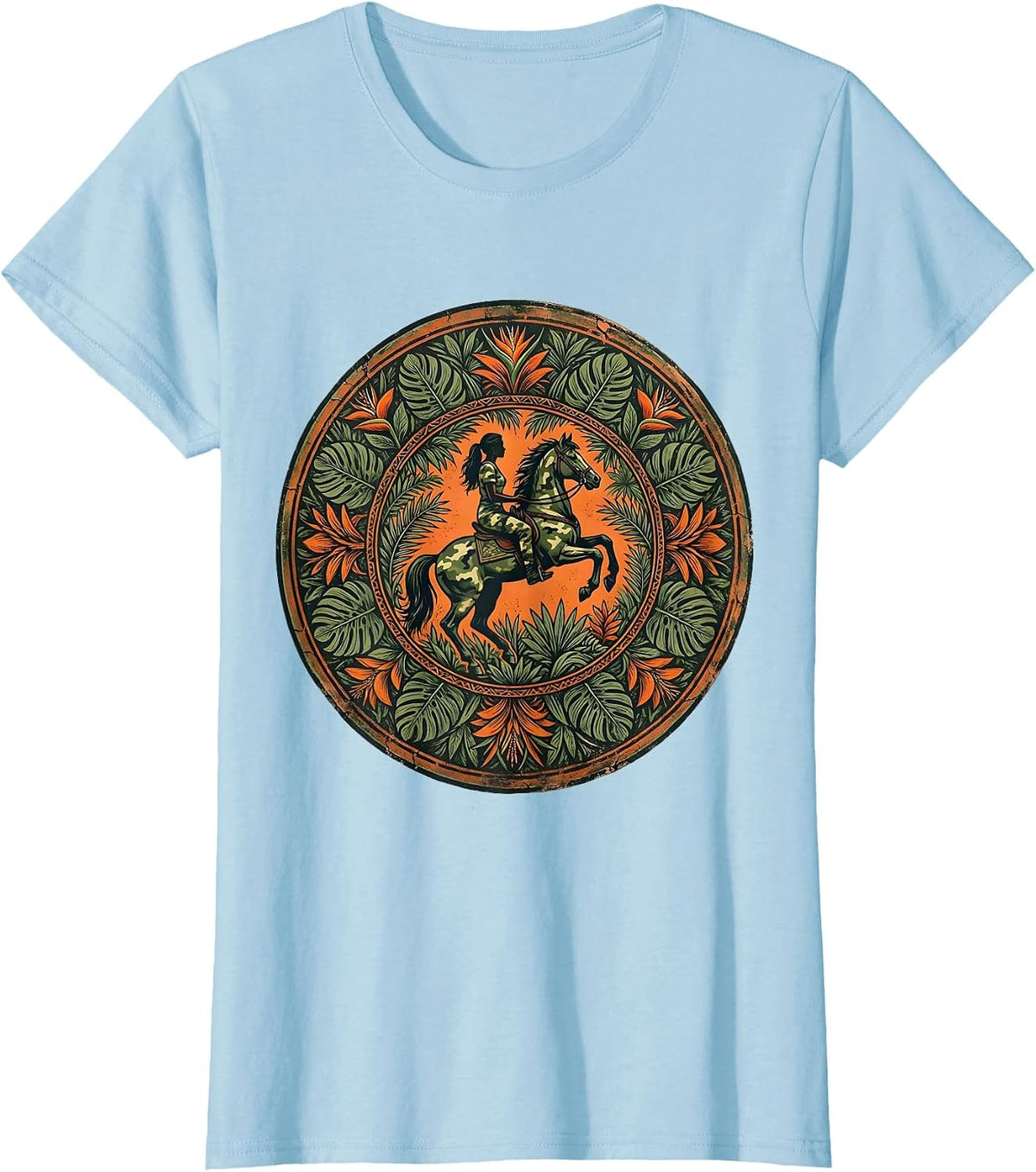 Women's Camo Woman Riding Horse Through Jungle T-Shirt - Baby Blue