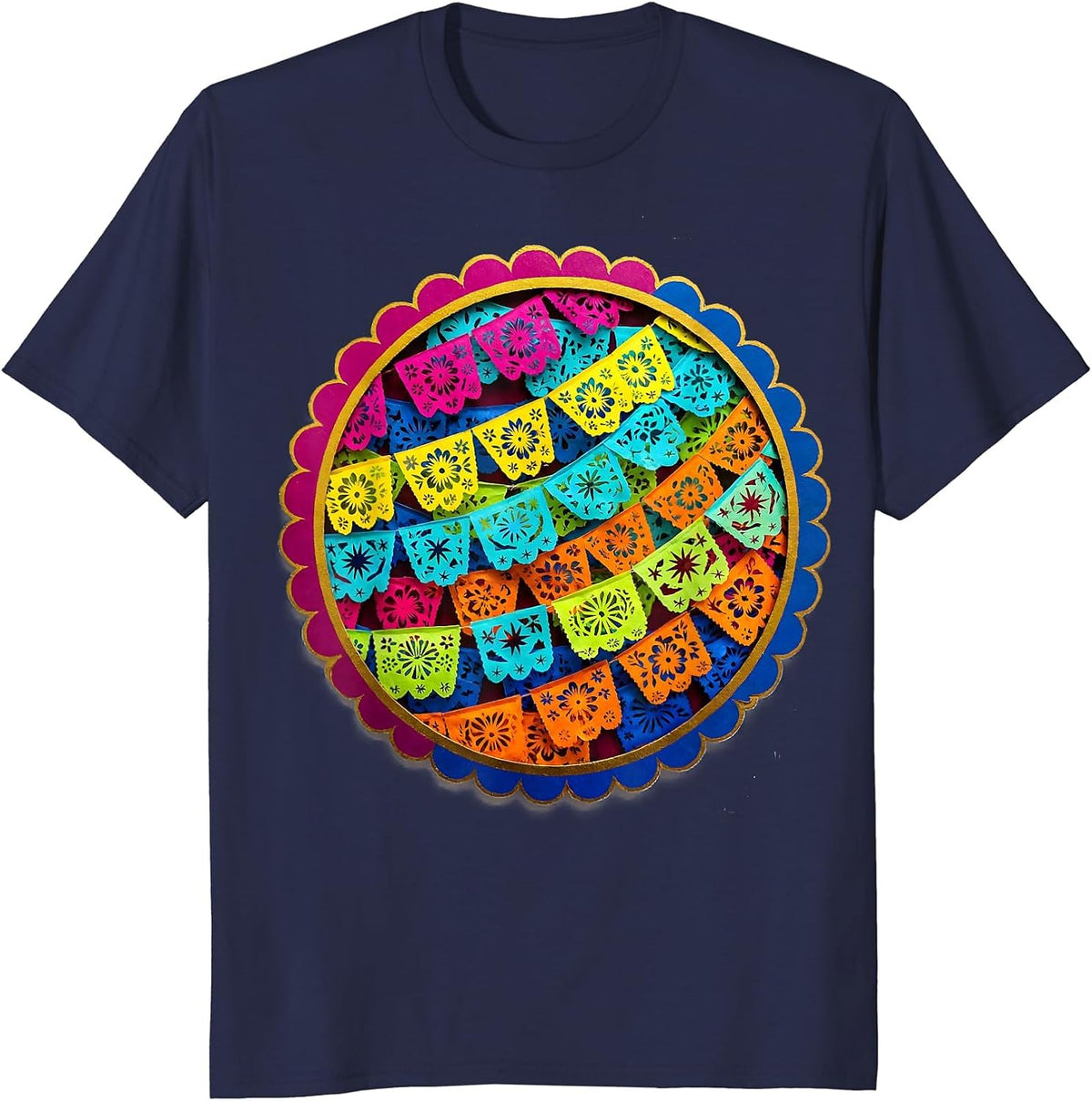 Kids Mexico Colorful Papel Picado Banner Design T-Shirt - Navy Blue