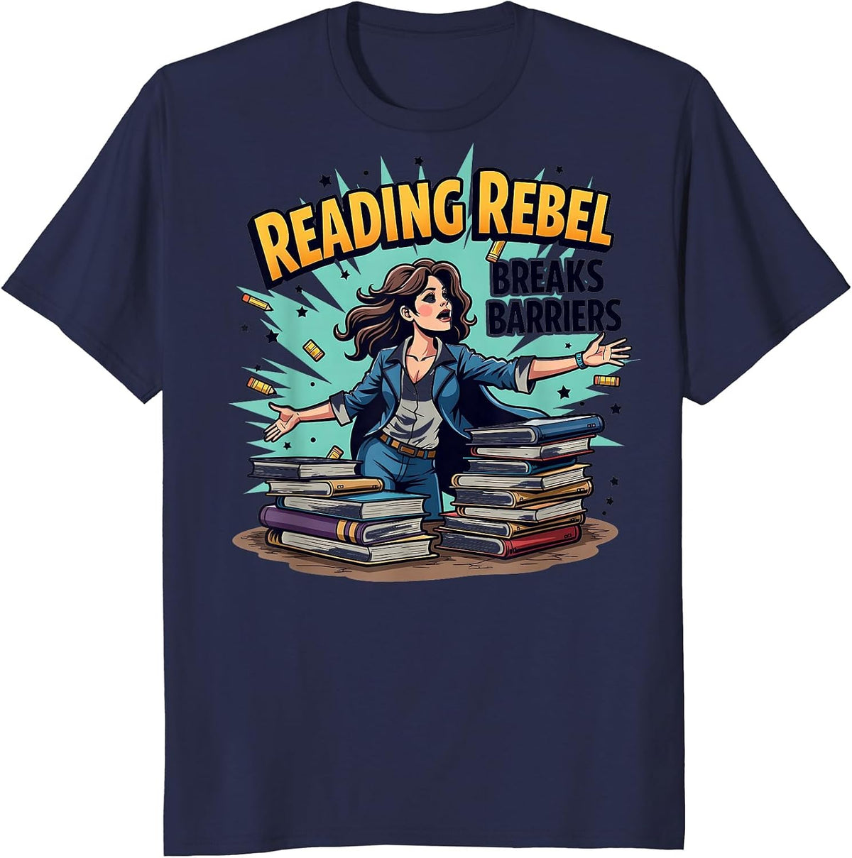 Reading Rebel Breaks Barriers Teacher Design T-Shirt - Navy Blue