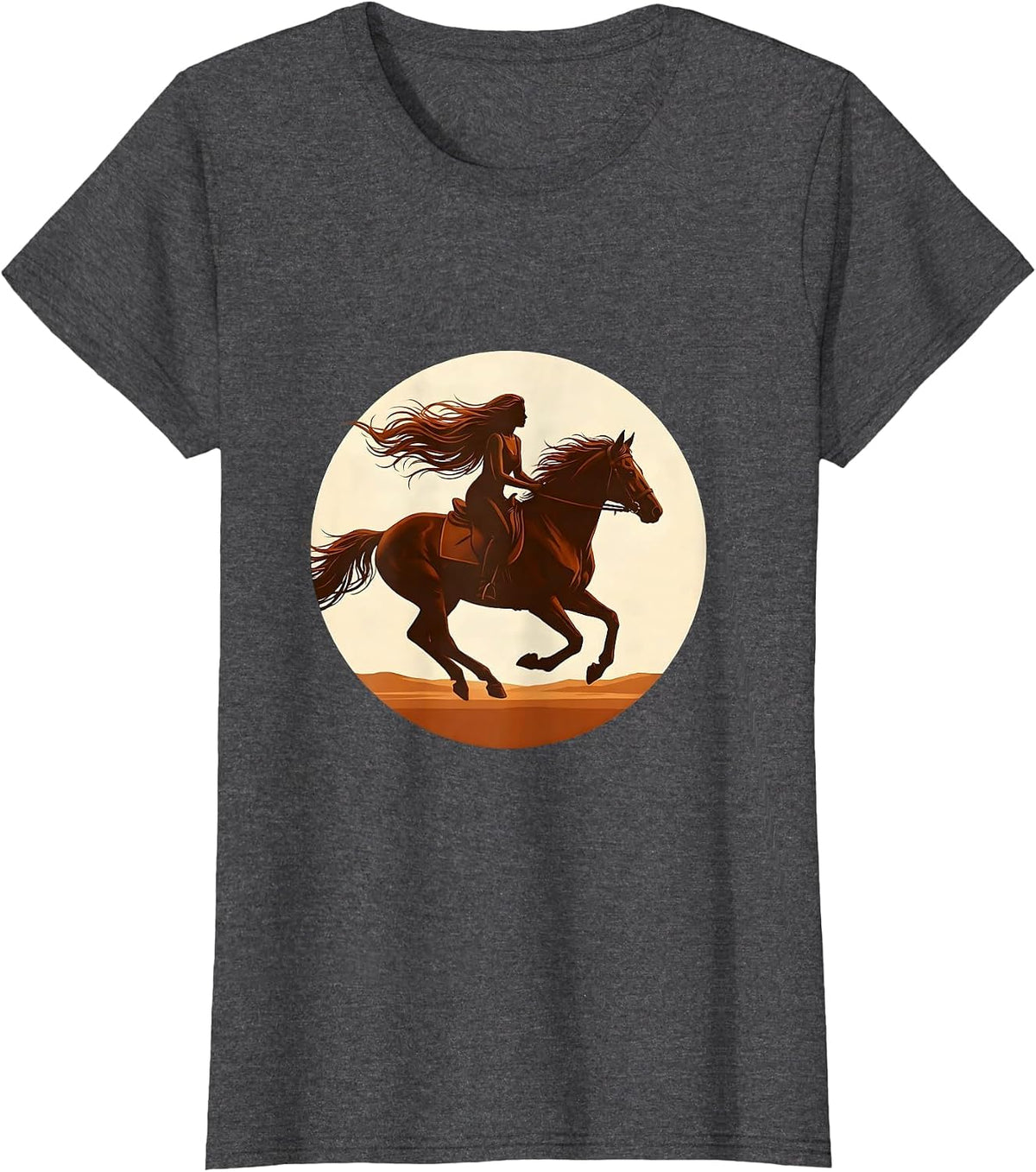 Women's Woman Riding Horse at Sunset Freedom Design T-Shirt - Dark Heather Grey