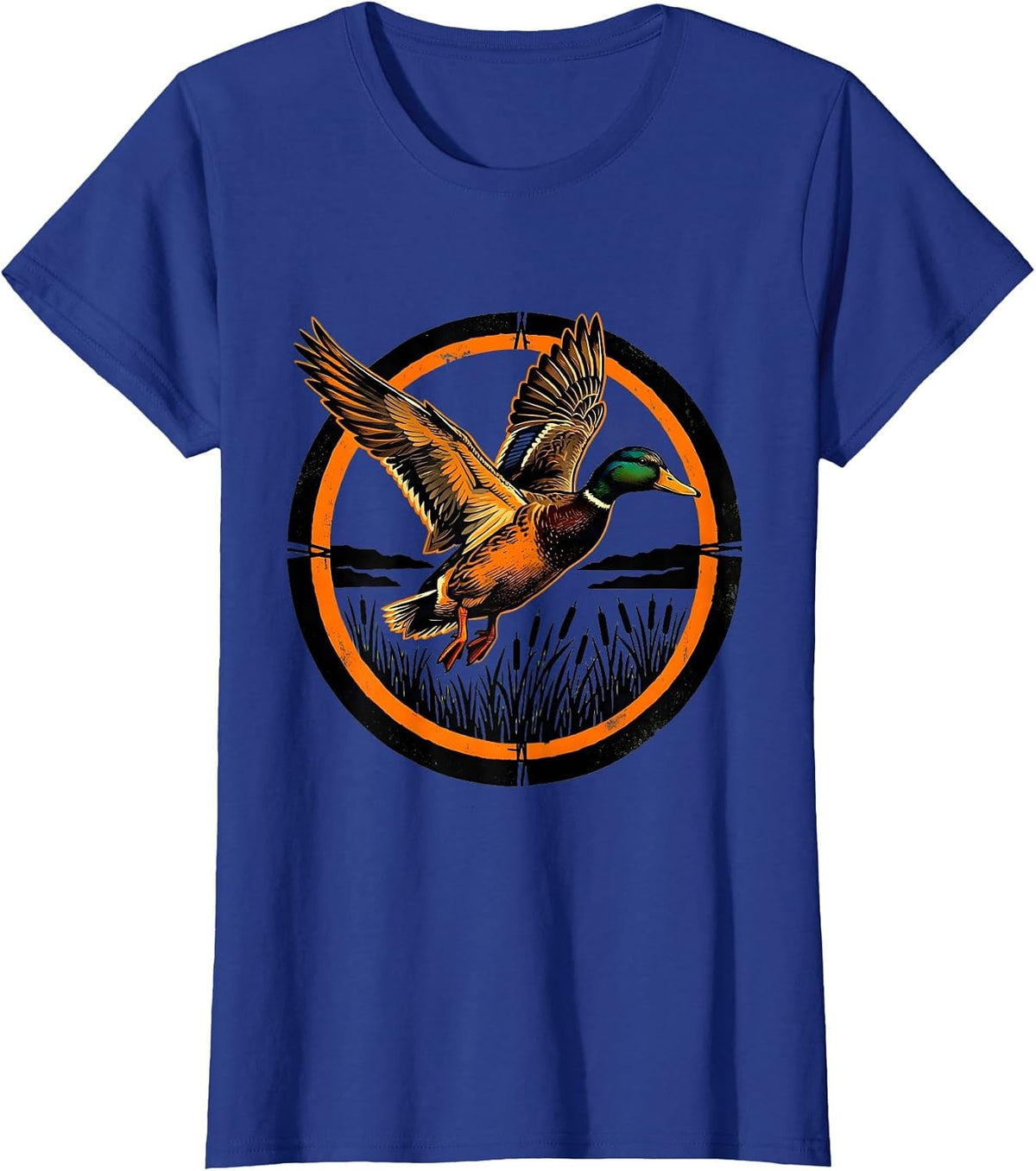 Women's Camo Duck Flying Over Marsh Reeds Illustration T-Shirt - Royal Blue
