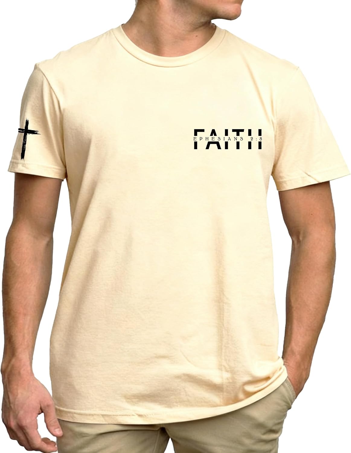 Christian Shirts for Men Faith Over Fear Cross Printed Bible Verse Tee Tops - Faith-beige