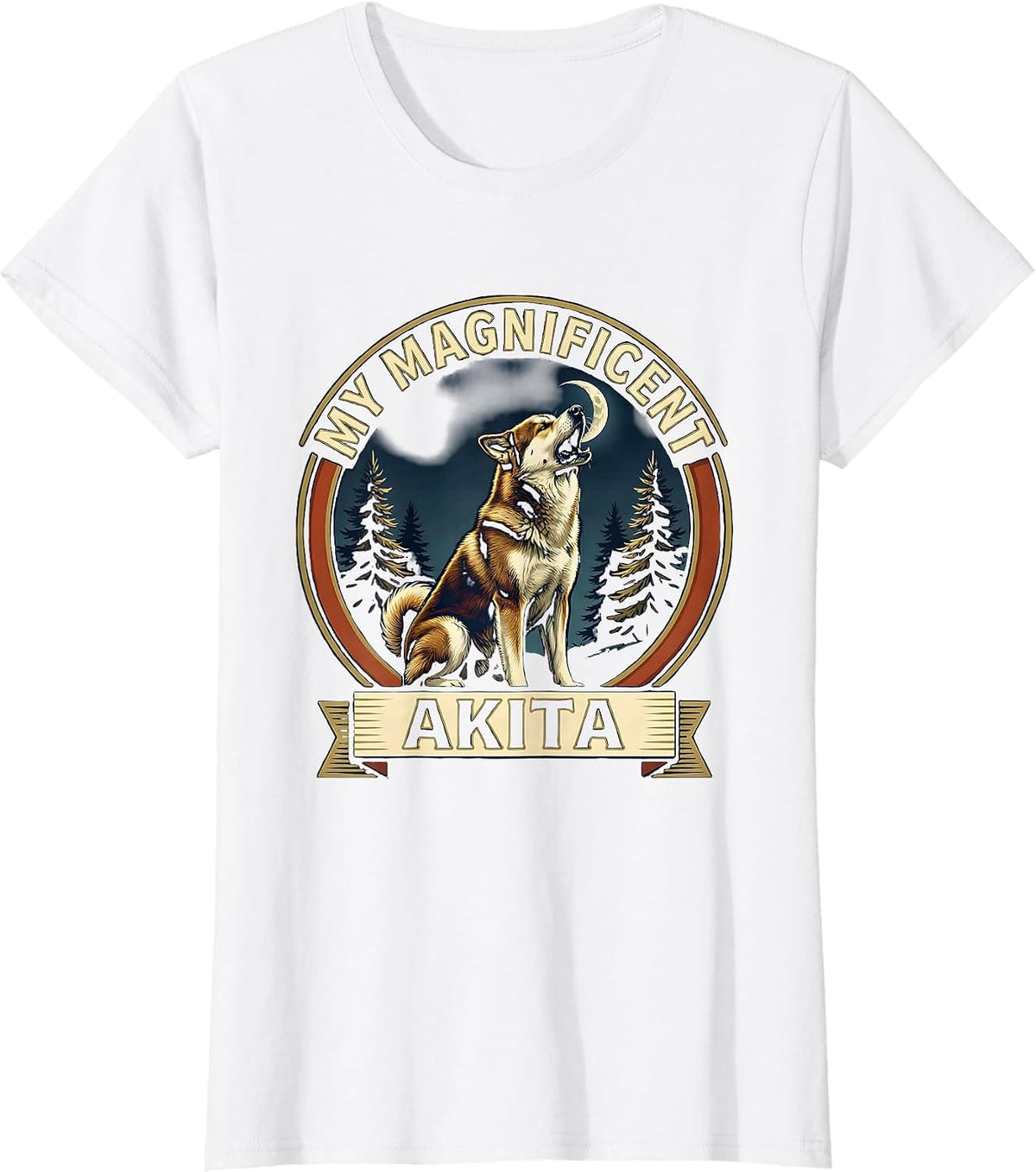 MY MAGNIFICENT AKITA Funny Akita Howling At The Moon Retro T-Shirt - White