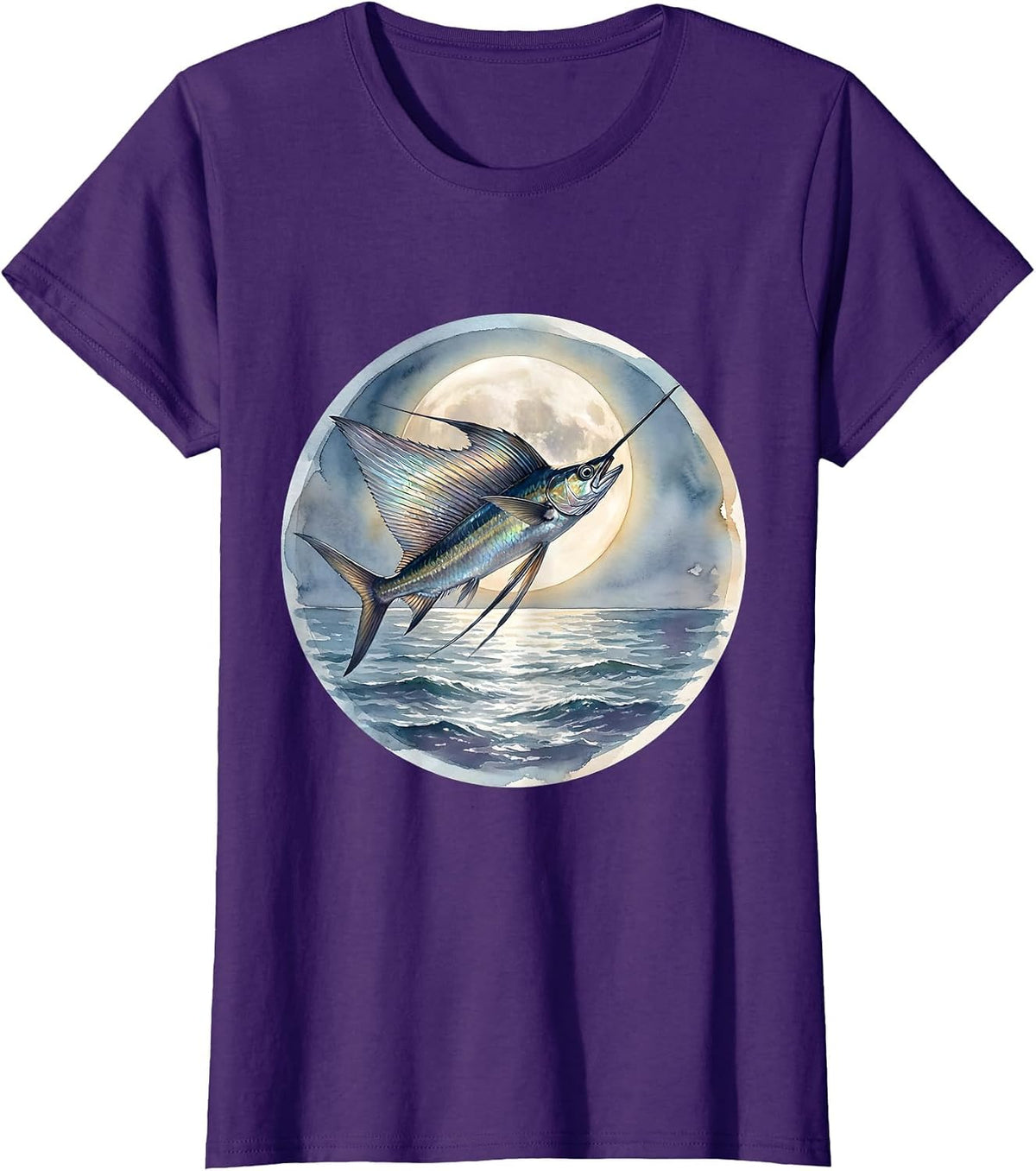 Women's Flying Fish Moonlit Gulf of Mexico Illustration T-Shirt - Purple