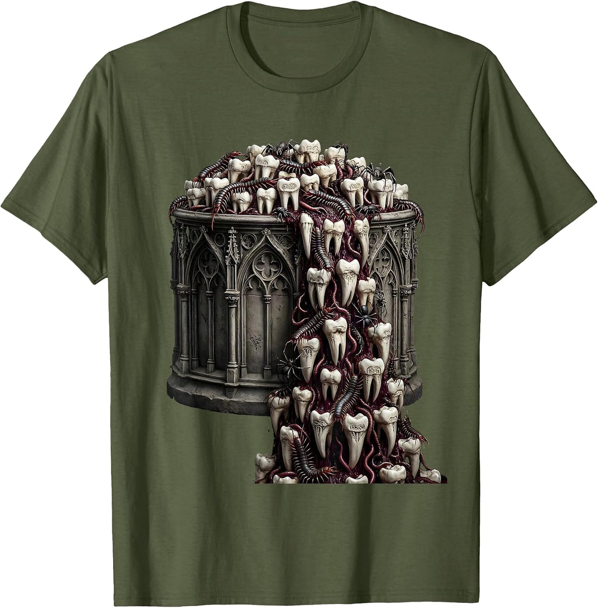 Men's Dental Halloween Candy Bucket Creepy Teeth T-Shirt - Olive Green