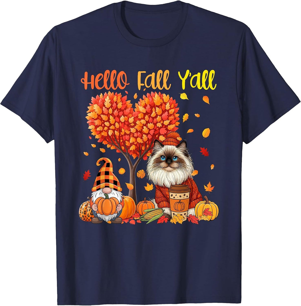 Fall Y'all Thanksgiving Himalayan Cat Gnome Pupmkins Case T-Shirt - Navy Blue