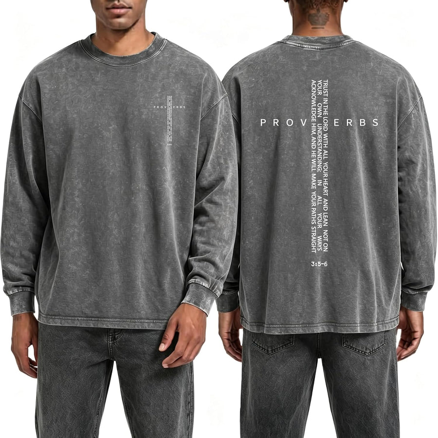 Christian Long Sleeve Shirts for Men Oversized Jesus Faith Shirt Bible Verse Cross Graphic T-Shirts Acid Wash Tshirt - Gray