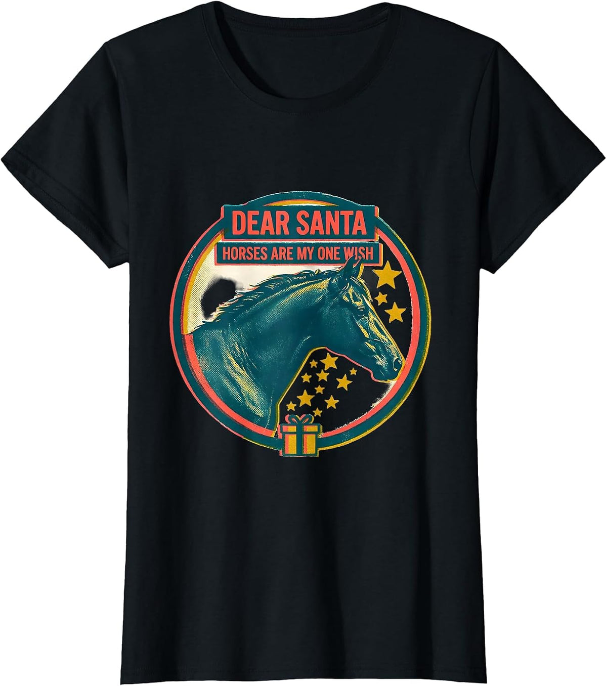 Dear Santa Horses Are My One Wish Risograph Horse Lover T-Shirt - Black