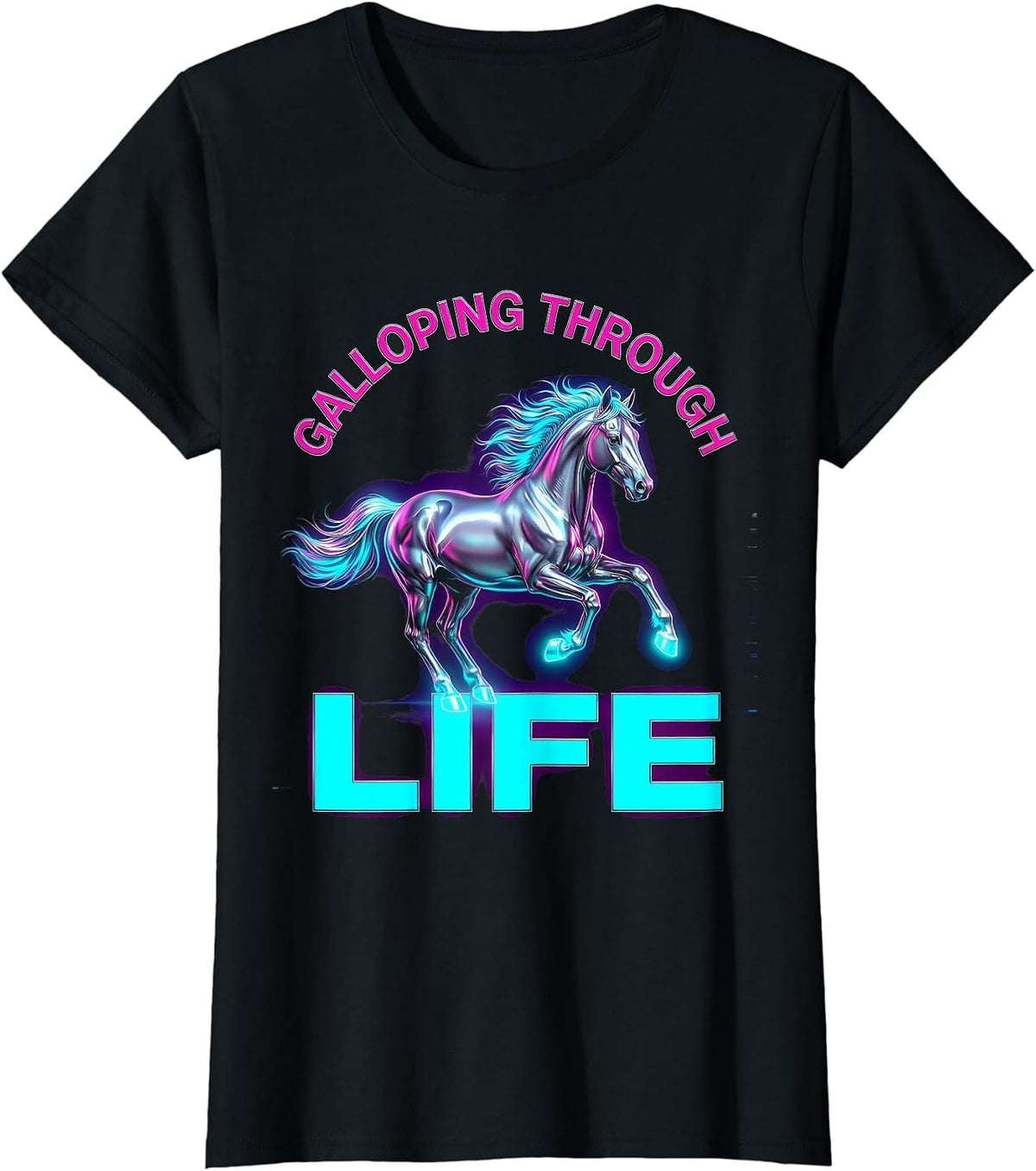 Galloping Through Life Horse Lover Design T-Shirt - Black