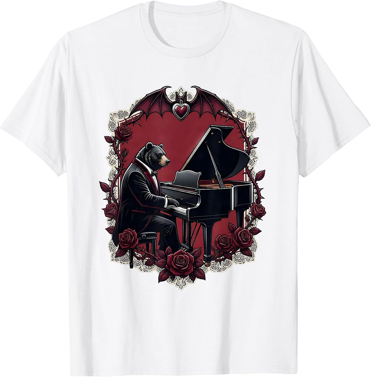 Men's Bear in Tuxedo at Grand Piano Illustration T-Shirt - White