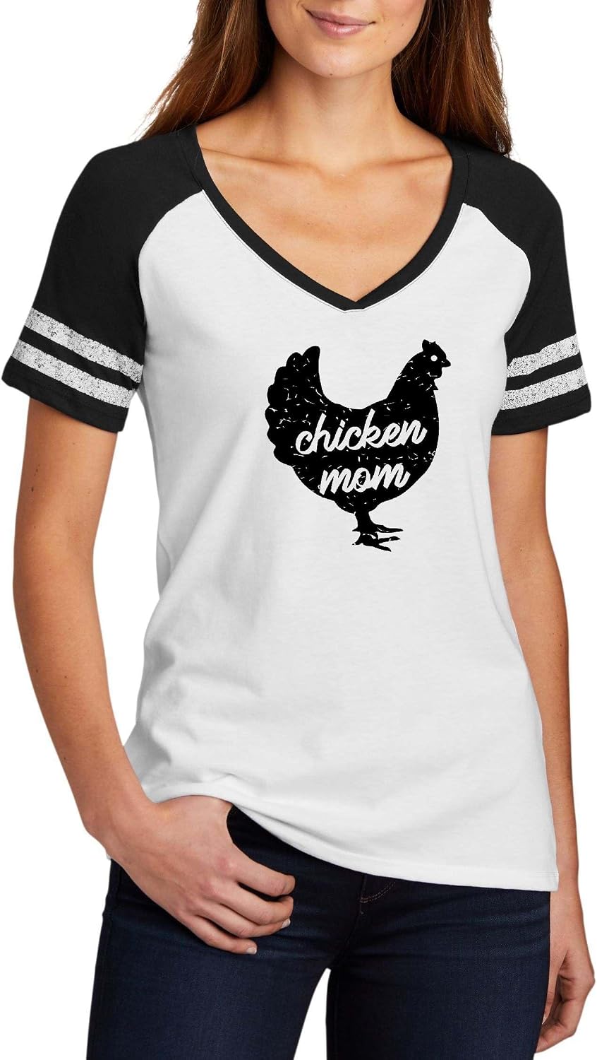 Chicken Mom Funny Farm Animal Graphic Top Ladies Game Day V-Neck Tee - Ladies V-Neck White\/Black