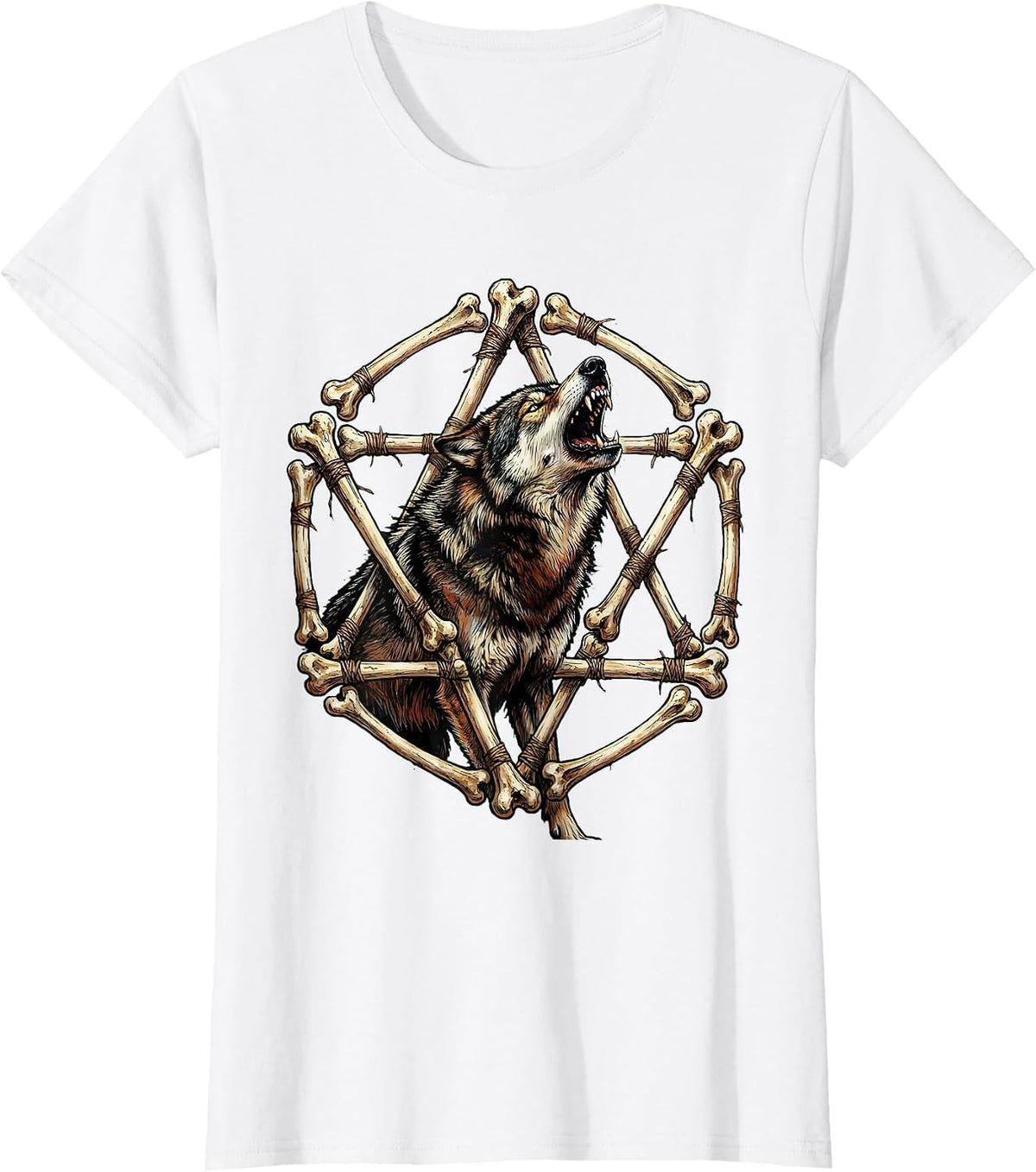 Women's Wolf Howling Pentagram of Bones Heavy Metal Graphic T-Shirt - White