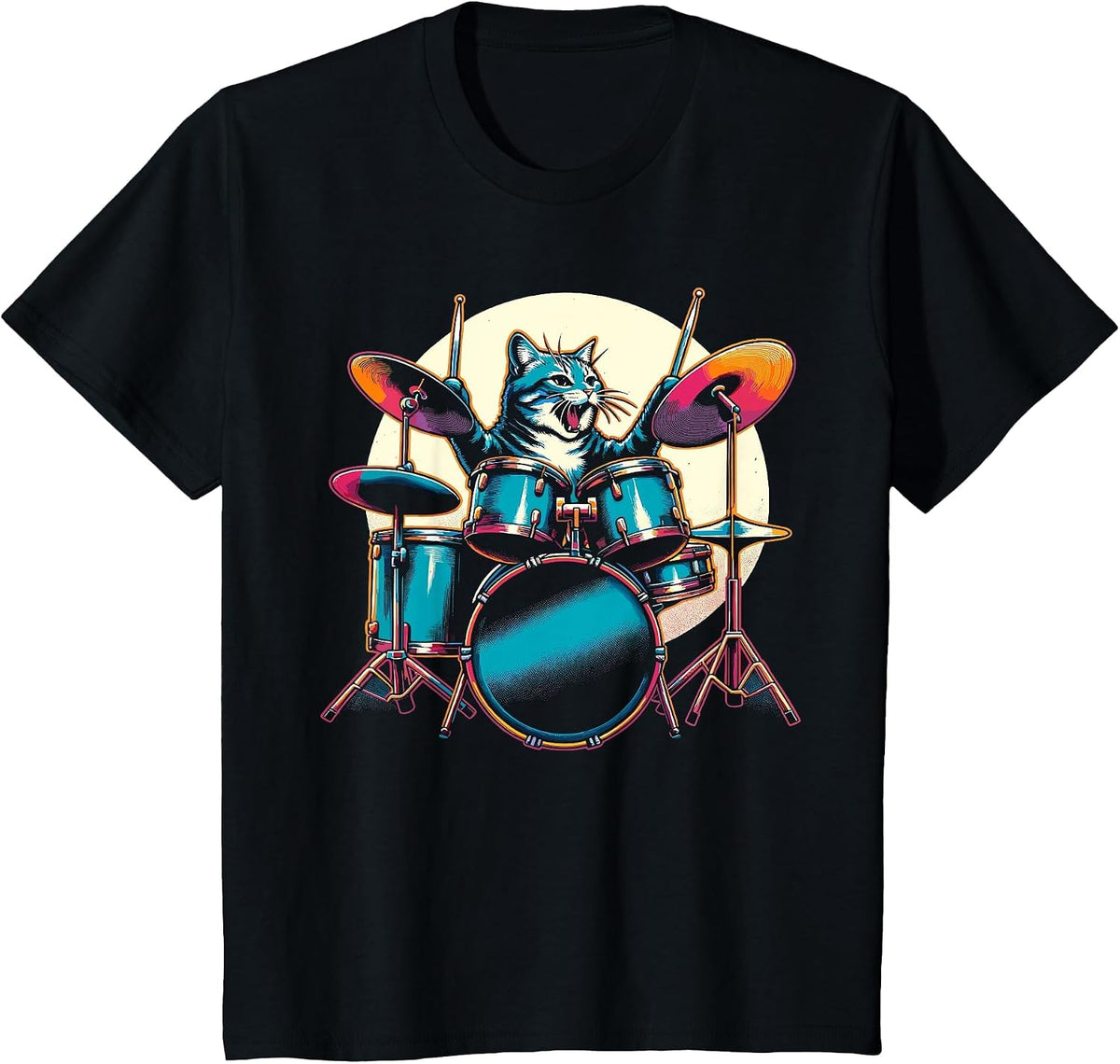 Cat Playing Drums Drummer Novelty Music Lover Funny Drummer T-Shirt - Black