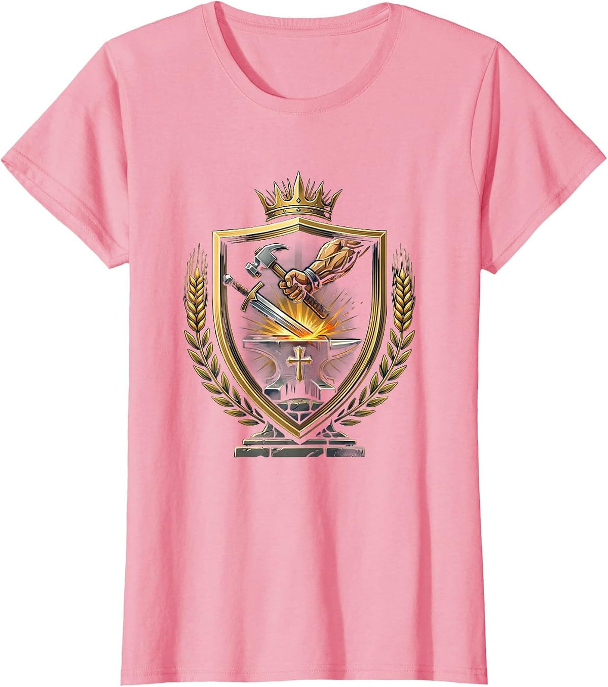 Women's Christian Blacksmith Hand Forging Sword at Anvil T-Shirt - Pink
