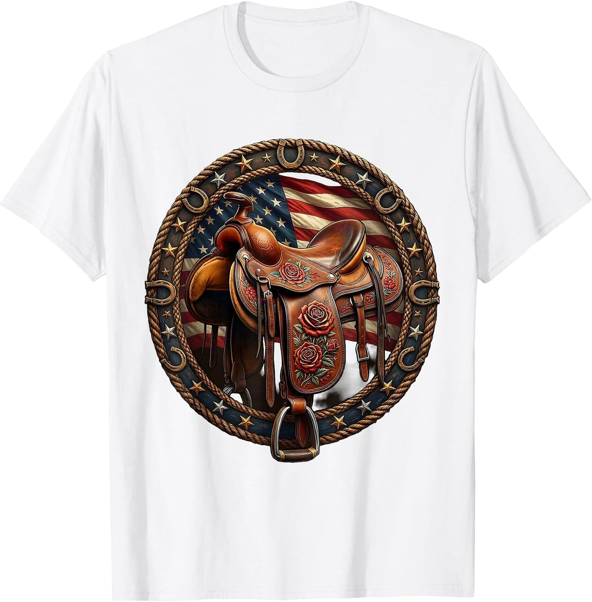 Men's Floral Stitched Leather Saddle Cowgirl Design T-Shirt - White