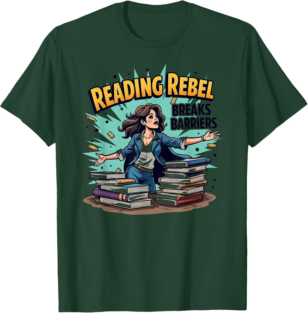 Reading Rebel Breaks Barriers Teacher Design T-Shirt - Dark Green