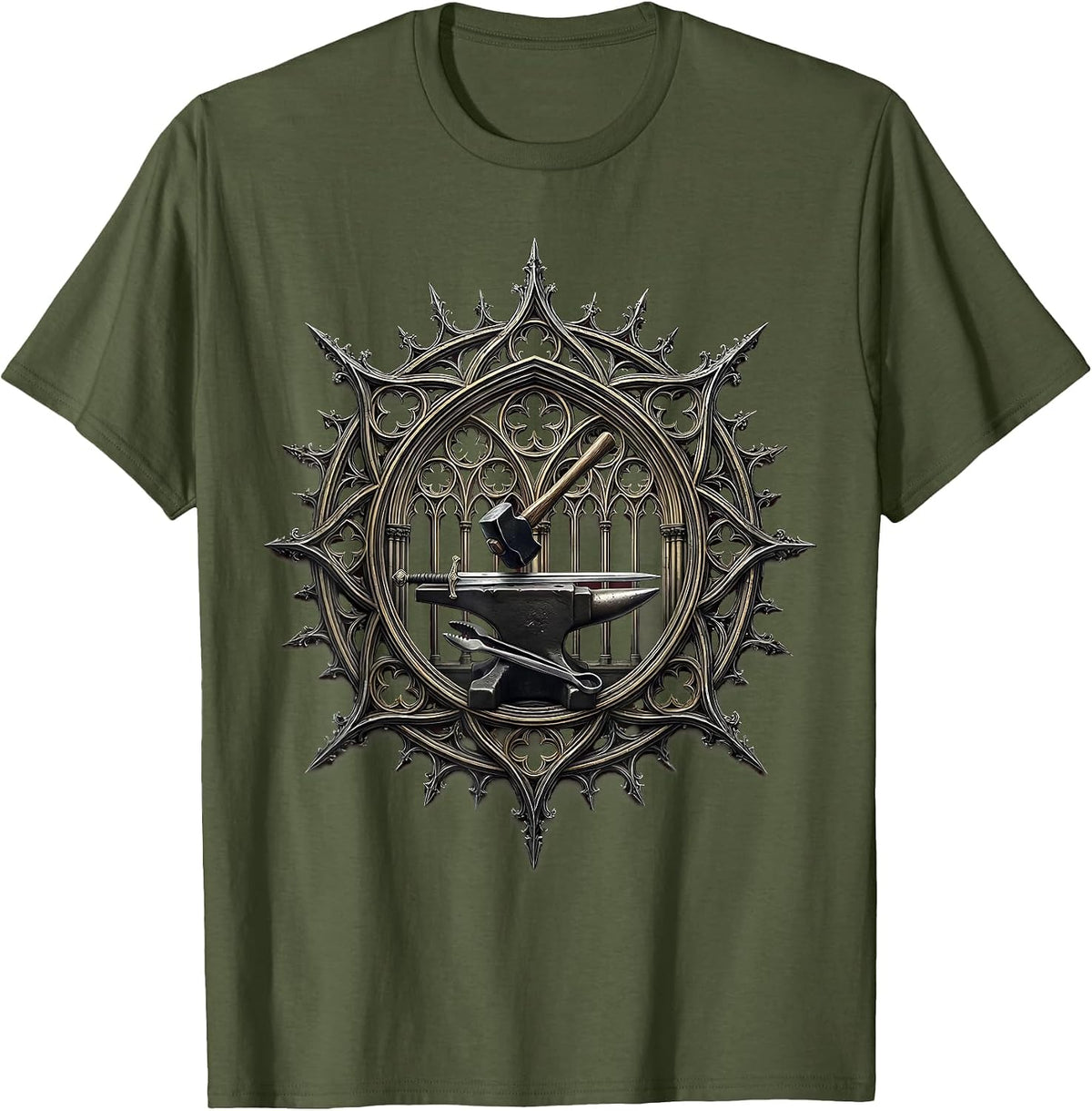 Men's Renaissance Blacksmith Forging Glowing Sword Anvil T-Shirt - Olive Green