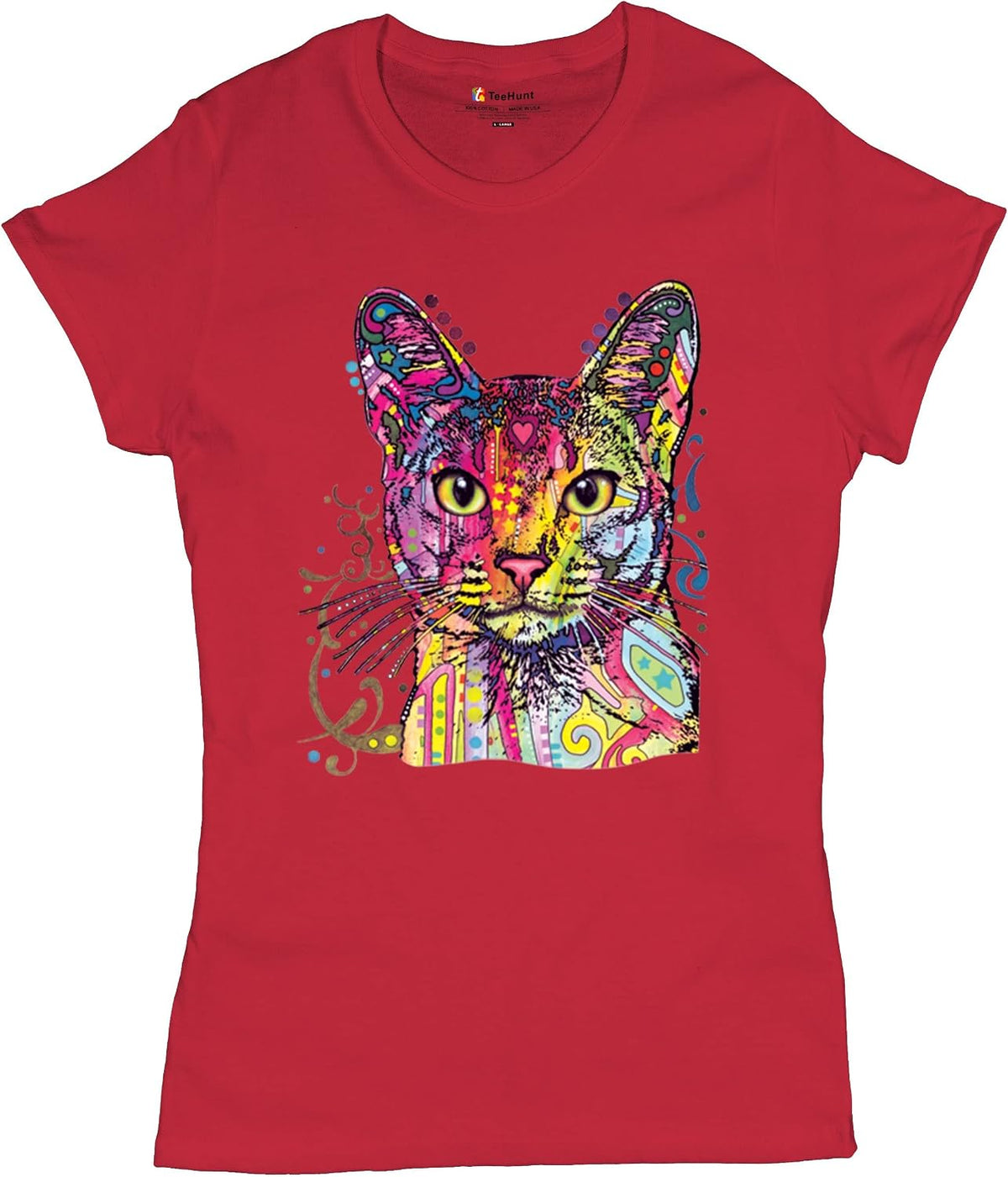 Dean Russo Abyssinian Cat T-Shirt Neon Colorful Cute Kitten Women's Tee - Red