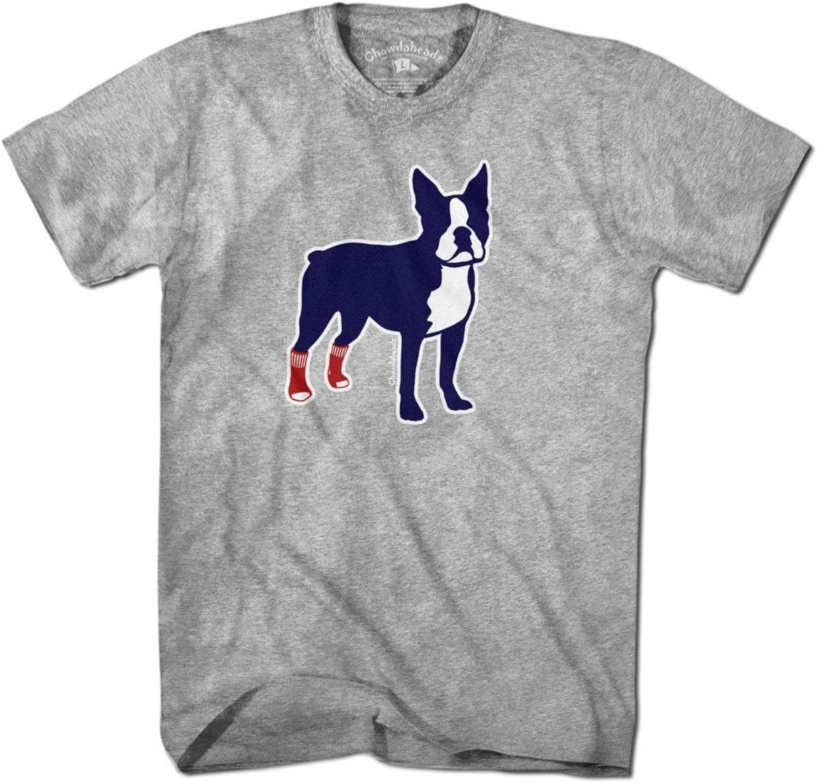 Chowdaheadz Socks on Boston Terrier T-Shirt - Unisex Vintage Tee Soft Cotton Blend - Gray
