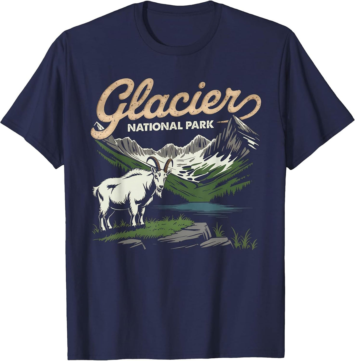 Glacier National Park Mountain Goat Tee for Nature Lovers T-Shirt - Navy Blue