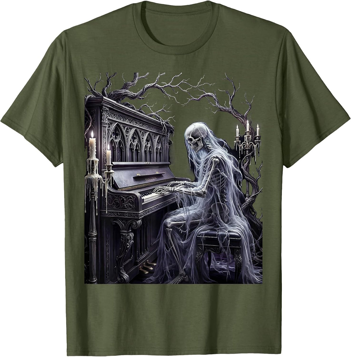 Ghost Playing Vintage Upright Piano Illustration T-Shirt - Olive Green