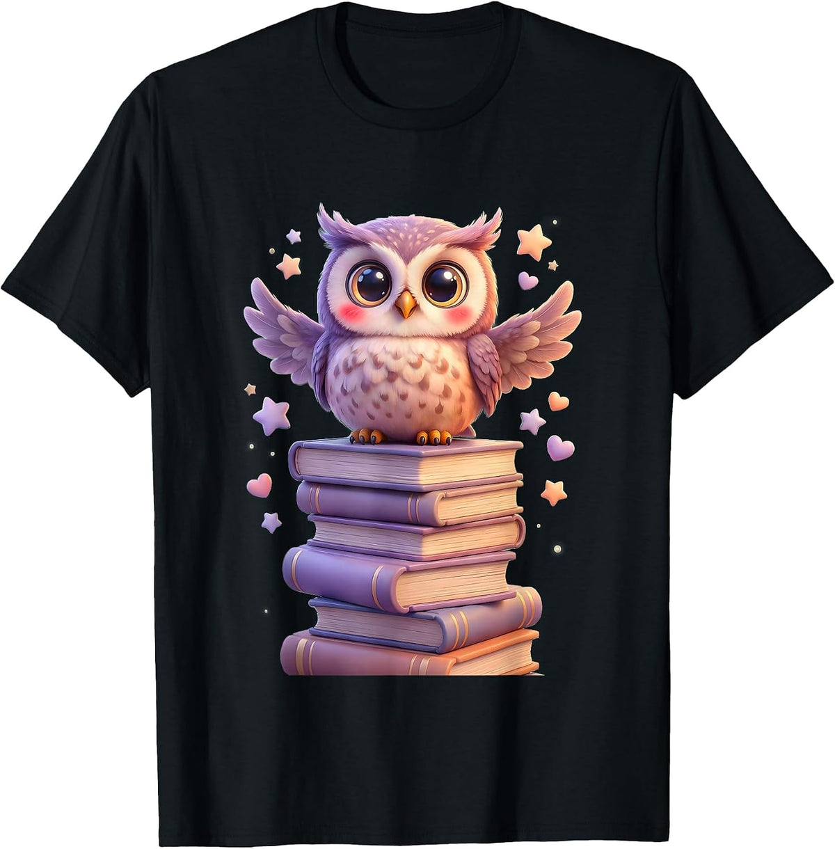 Men's Wise Owl Perched on Stack of Books Illustration T-Shirt - Black