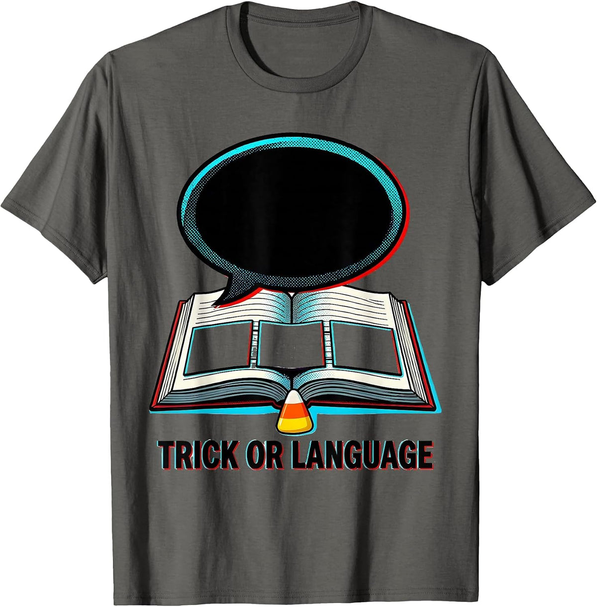 Men's Trick or Language Pop Art Speech Therapy SLP Halloween Humor T-Shirt - Asphalt Grey