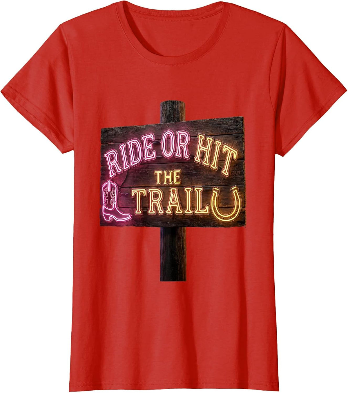 Ride or Hit the Trail Western Cowboy Design T-Shirt - Red