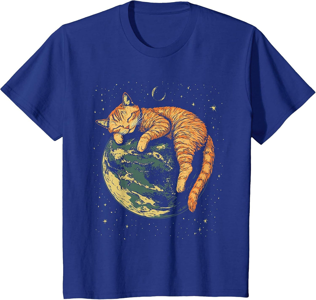 Lazy Orange Cat in Space T-Shirt - Royal Blue